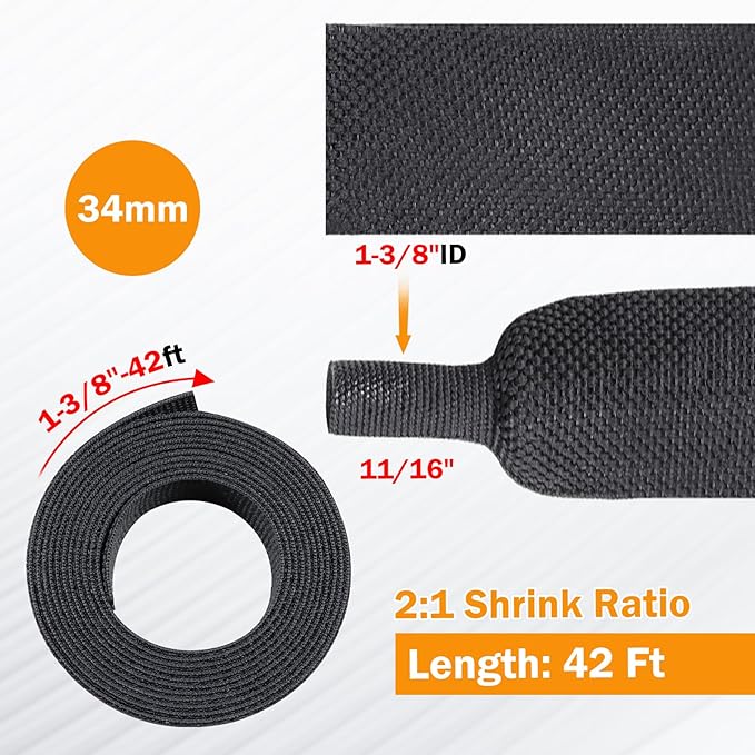 50% Woven Wire Loom Heat Shrink Braided Sleeving Shrinkable Fabric Cable Sleeve Braid Hose Covering Protection for Automotive Wire/Harness/Sheath(1-3/8"-42ft)