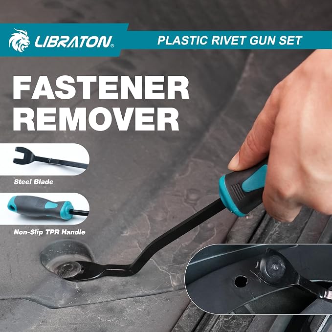 LIBRATON Plastic Rivet Gun Kit with Fastener Remover, 90 Degree Angle Hand Riveter with 40Pcs Nylon Rivets (4 Sizes) & Pry Tool, Universal Nosepiece for Automotive, Ergonomic & 50% Lighter Force