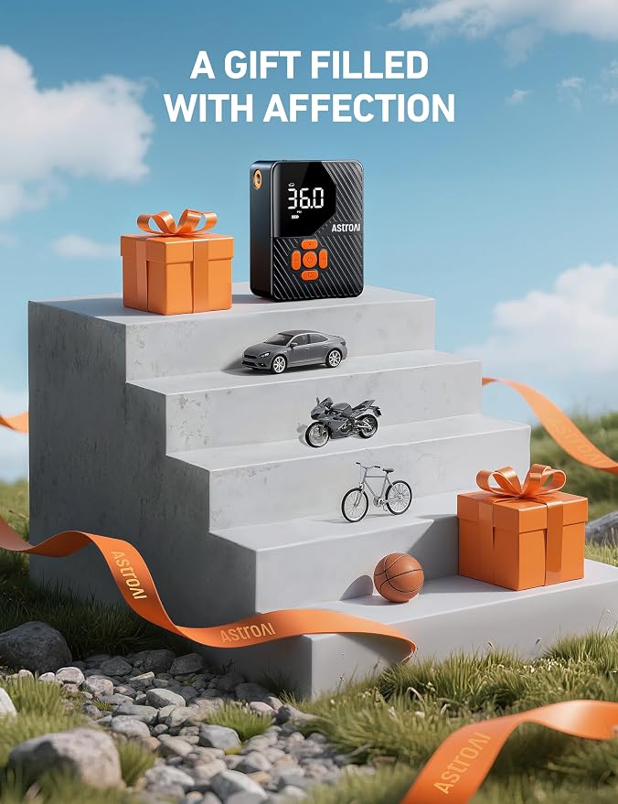 AstroAI 150 PSI Tire Inflator Portable Air Compressor L7 Mini | Fast Inflation, Cordless, Air Pump with LED Light &Pressure Gauge, Auto Shut-Off, for Cars, Motorcycle, Bicycle, Ball, Orange