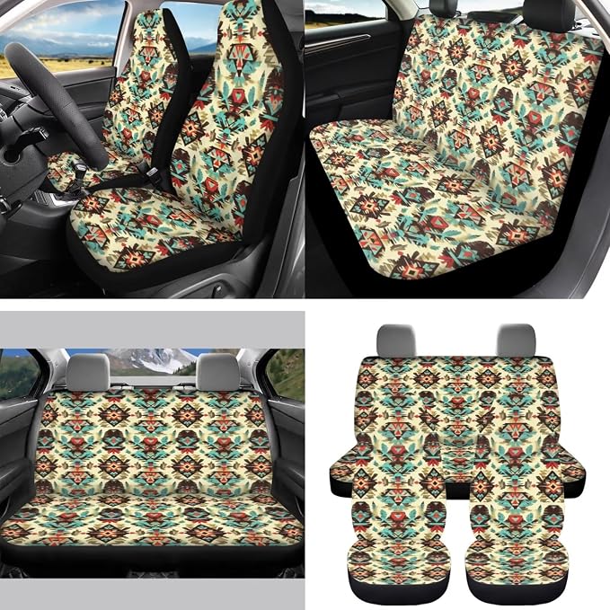 Navajo Aztec Car Accessories Car Seats Cover Protector, Steering Wheel Covers, Seatbelt Cover, Car Trash Can, Cup Coasters, Rearview Mirror Cover, Keychains, Pack of 15