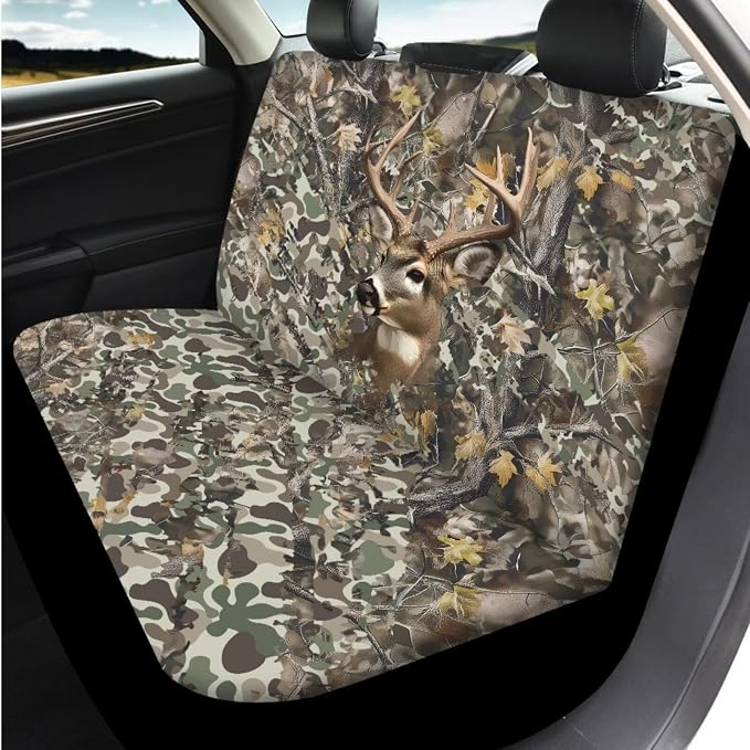 Bulopur Elk Hunting Camo Automotive Seat Covers Set with Matching Steering Wheel Cover Breathable Center Console Cushion Pad Non-Slip Seat Headrest Cover 14 Pack Auto Interior Accessories