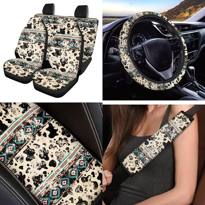 Cow Print Aztec Car Seat Covers Sets 12 Pieces Center Console Cover Car Steering Wheel Cover Seat Belt Pads Car Interior Accessories Universal Fit for Cars SUV