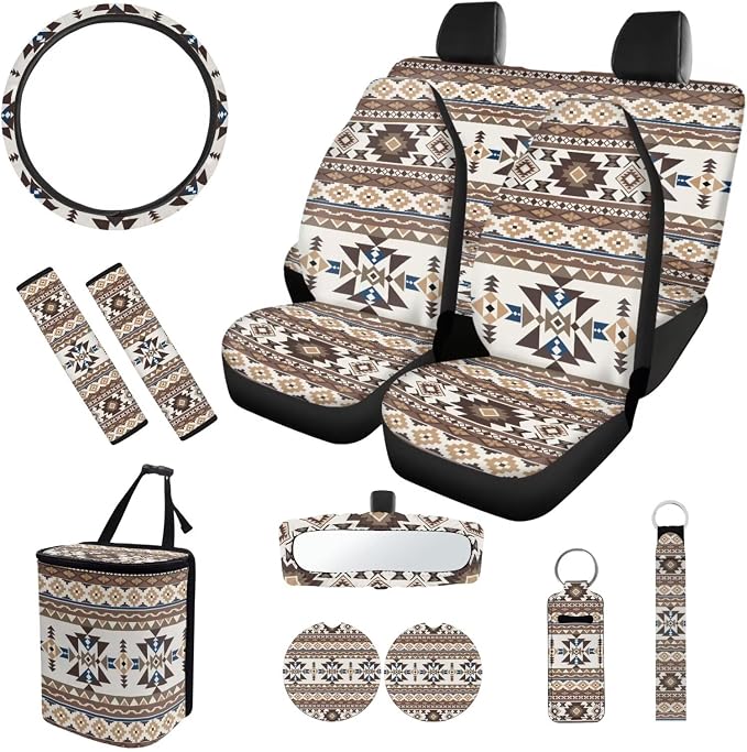 Fashion Aztec 12 Pack Car Seat Covers Full Set Steering Wheel Accessories Car Seat Belt Cover Rear View Mirror Cover Trash Bin Coasters Wristlet Keychain Chapstick Holder