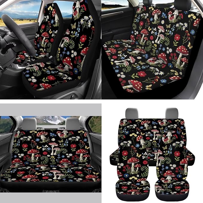 Forest Mushroom Auto Interior Accessories Car Seat Covers with Auto Steering Wheel Cover Seat Belt Covers Car Trash Can View Mirror Cover Coaster Keychains