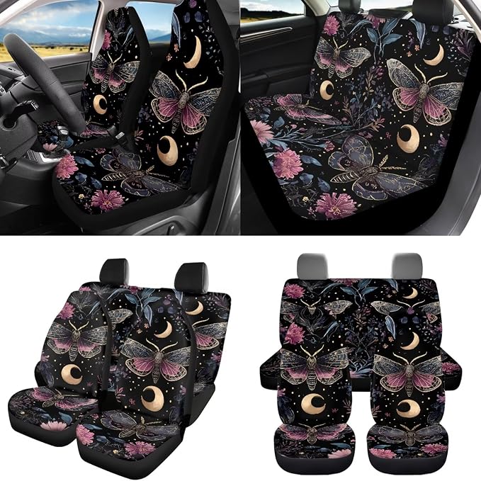 8 Pcs Moon Moth Car Seat Covers Full Set Car Accessories for Women Front Seat Cover Steering Wheel Armrest Cover Seat Belt Cover for Auto SUV Interior Decoration