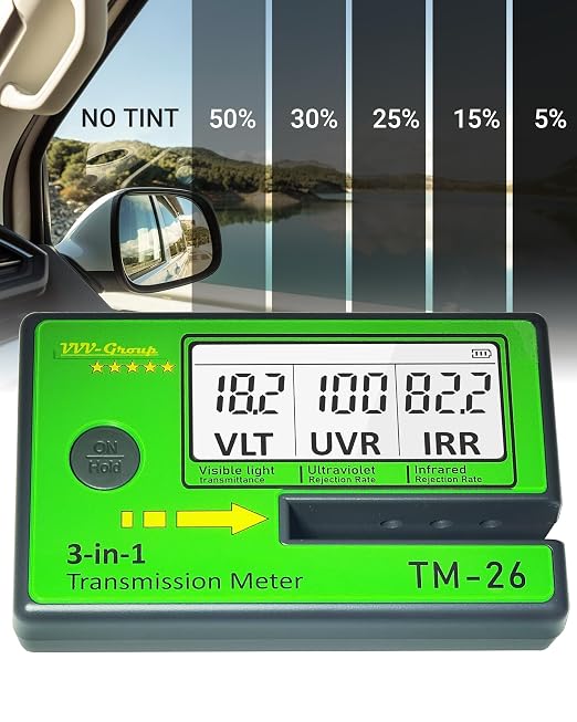 Digital Window Tint Meter TM-26 – Automotive VLT Tester with UVR & IRR Measurement, 8mm Slot Light Transmittance Meter for Car Side Windows and Solar Film Inspection (TM-26 Without PU case)