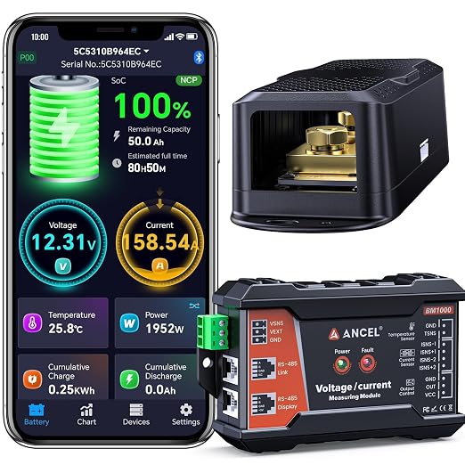 ANCEL BM1000 Bluetooth Battery Monitor with 400A Smart Shunt, 10-120V Capacity Meter for LiFePO4, Lithium, AGM & Lead-Acid Banks, SOC Voltage Current App for RV, Marine, Solar