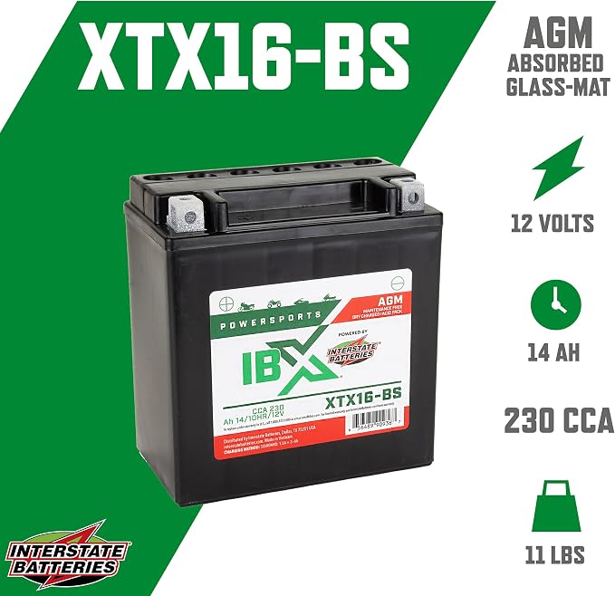 Interstate Batteries YTX16-BS 12V 14Ah Powersports Battery 230CCA AGM Rechargeable Replacement for ATVs, Motorcycles, Scooters (XTX16-BS)