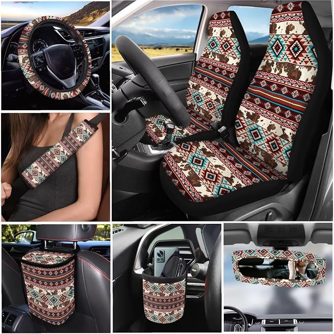 Dreaweet Aztec Brown Cow Seat Covers for Cars Full Set Native American Tribal Car Accessories Steering Wheel Cover Seat Belt Pads Coasters Trash Bag Air Vent Storage Bag Rearview Mirror Cover Keychain
