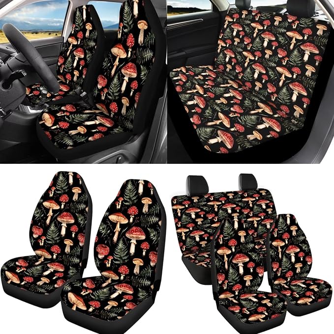 Hippie Mushroom Car Seat Cover for Women 12Pcs Cottagecore Mushroom Steering Wheel Cover Seatbelt Pads Armrest Pad Mushrooms Coaster Keychain Universal Fit