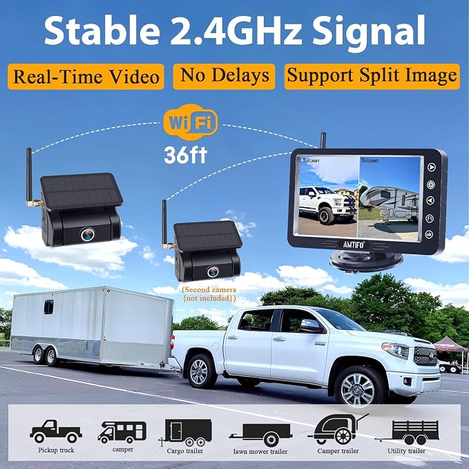 Magnetic Solar Wireless Backup Camera - No-Drill Installation, Scratch-Proof, No Delay 5-Inch HD1080P Screen, Long Battery Life, Night Vision, Anti-Interference 2.4GHz Signal for Trucks