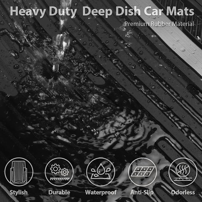 CAR PASS Heavy Duty Rubber Car Mats Metallic, Aluminum Film All Weather Floor Mats Waterproof Universal Trim to Fit Automotive SUV Sedan Van Truck 4 Piece Deep Dish Two-Tone Sporty Black Gray Chrome