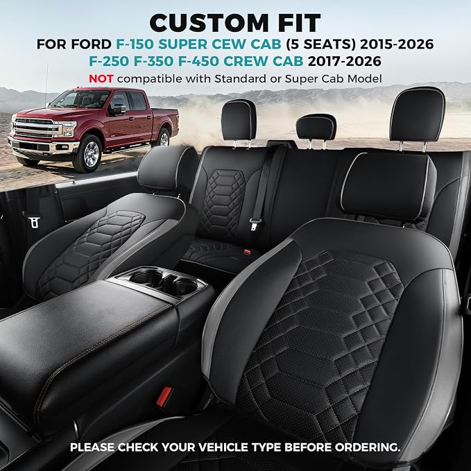 Seat Covers for Ford F150 2015-2026 SuperCrew & Ford F250 F350 F450 Super Duty 2017-2026 Crew Cab, Faux Leather Waterproof Pickup Truck Seat Covers (5 Seats) Interior Accessories
