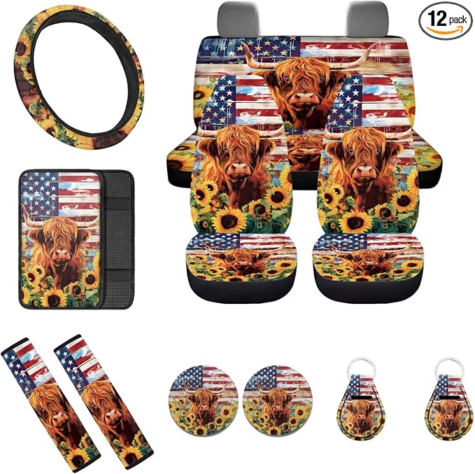 Highland Cow Sunflower American Flag Car Seat Cover Full Set 12 Pcs,Universal Fit 15 Inch Polyester Steering Wheel Cover Seat Belt Pads Armrest Cushion Keychain Car Coaster Automotive Interior
