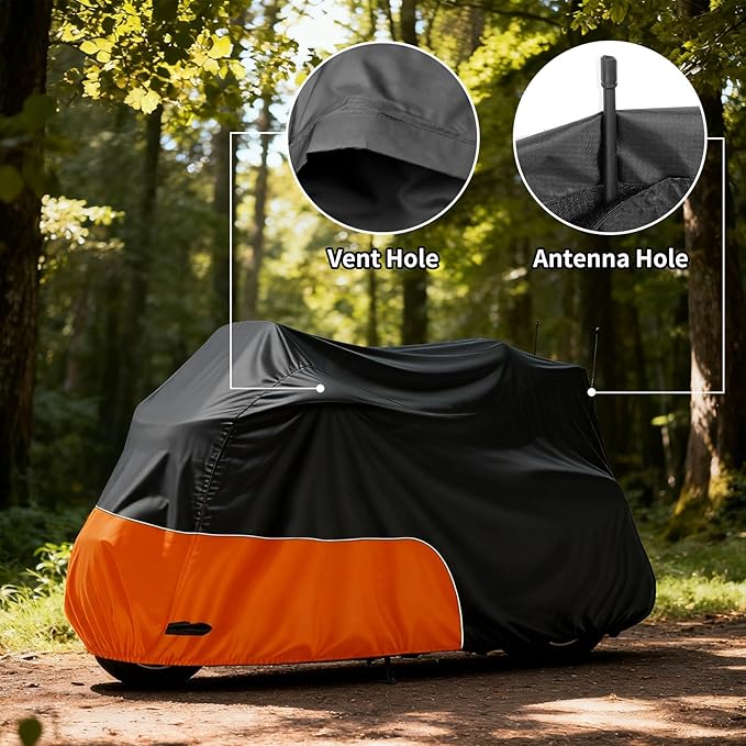 Motorcycle Cover Heavy Duty Waterproof, for Motorcycle with Side+Top Box, Compatible with Harley Davidson Ultra Ltd, Road Glide Ltd, Honda Goldwing, BMW, Indian Motorcycle Accessories, Black/Orange