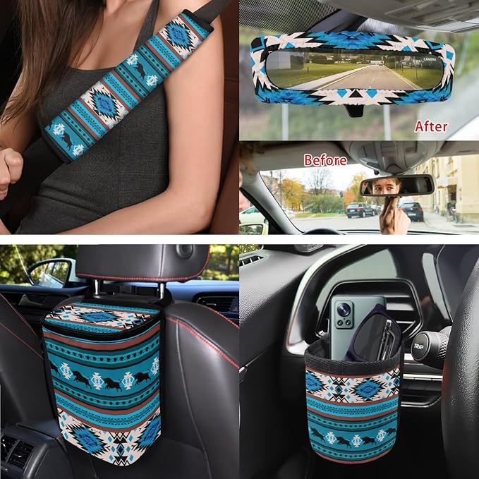 XYZCANDO Ethnic Patterns Auto Seat Cover Sets 15 PCS Car Seat Cover Set Steering Wheel Cover Seat Belt Pads Cover Storage Box Garbage Bag Car Rear View Mirror Cover Coasters Keychain Fit Most Cars