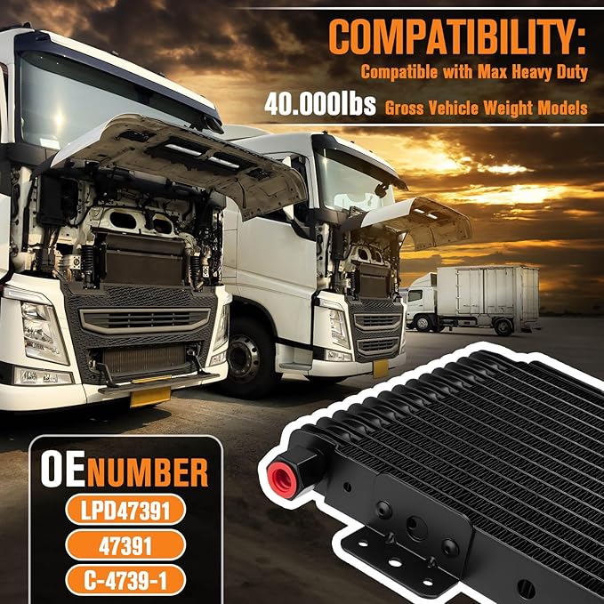 40k Transmission Oil Cooler LPD47391, Heavy Duty 40,000 GVW Max, Low Pressure Drop, Compatible with Tru-Cool,Includes Mounting Hardware-Ideal for Heavy Vehicles,40,000 GVW transmission cooler (black)