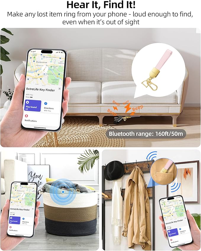 Keychain, Works with Apple Find My, Leather Car Keychain for Women and Men, Car Key Fob Holder, Key Chain with GPS Tracker, Anti-Lost Smart Keys Finder, Rechargeable, Pink