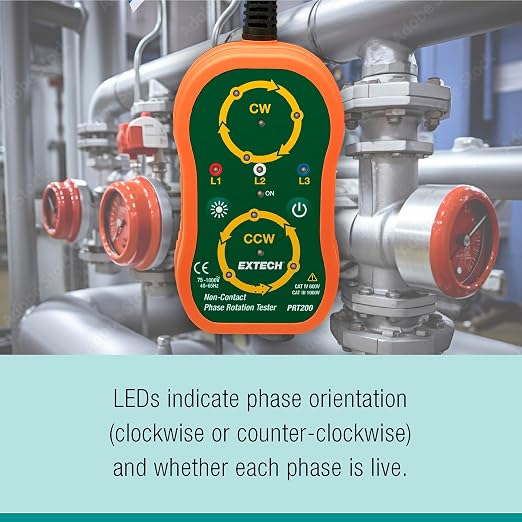 Extech PRT200 Non-Contact Phase Sequence Tester | Phase rotation (CW/CCW) and live-phase LEDs, 75-1000V AC, 45-65Hz, insulated alligator clips, magnetic back