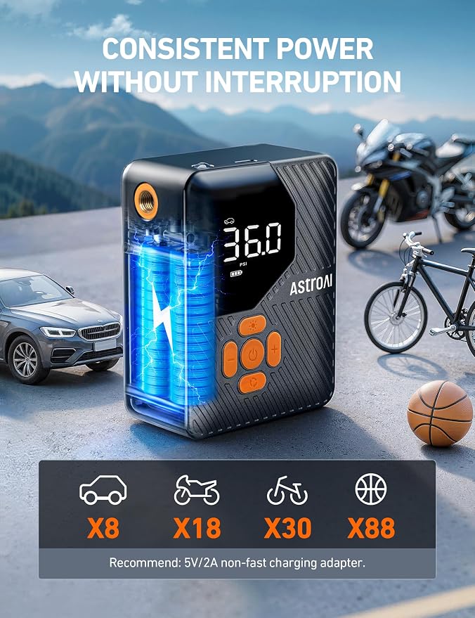 AstroAI 150 PSI Tire Inflator Portable Air Compressor L7 Mini | Fast Inflation, Cordless, Air Pump with LED Light &Pressure Gauge, Auto Shut-Off, for Cars, Motorcycle, Bicycle, Ball, Orange