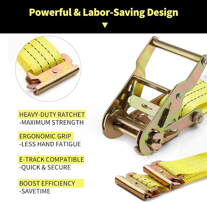 E Track Ratchet Straps, 4 Pack 2” x 12’ Heavy Duty Cargo Tie Down Straps, 4500 lbs Break Strength, Standard E-Track Fittings for Cargo Van, Box Truck, Trailer, Yellow