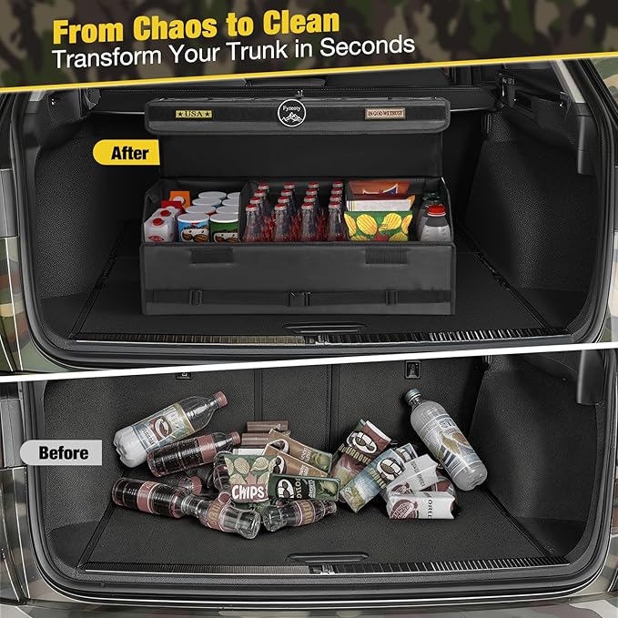 Fyzeoty Car Trunk Organizer for SUV and Sedan, Tactical‑Black, 29.5 in | Tactical & Aerospace Oxford, Extra‑Large, Hinged Lid, Collapsible & Adjustable, Water‑Resist & Dust‑Proof