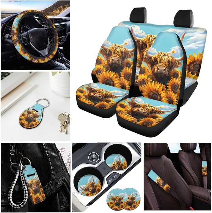 INSTANTARTS Aesthetic Sunflower Highland Cow 13 Piece Auto Accessories Auto Front and Rear Seat Covers Seat Belt Covers Steering Wheel Covers Coasters Keychains Lipstick Covers