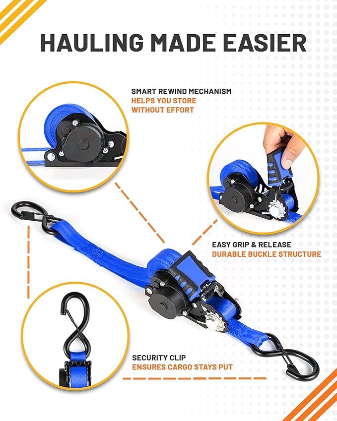 Strapinno Retractable Ratchet Straps - 1 in x 12 ft Heavy Duty Tie Downs, 1800lbs Breaking Strength Each, S Hooks with Safety Clip, AutoRetract, for Moving, Motorcycle, Boat, Kayak, and Cargo (4 PCS)