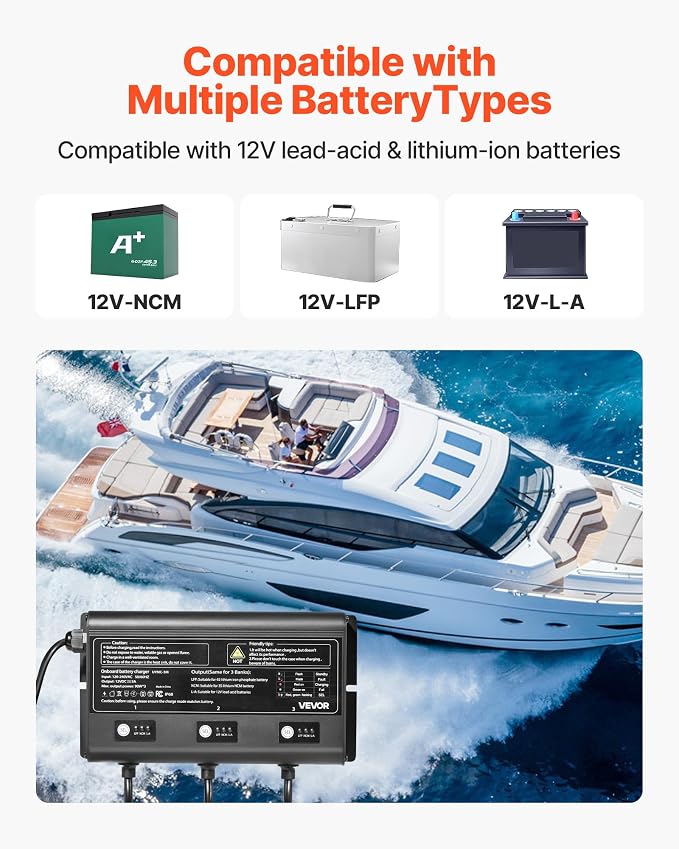 VEVOR Marine Battery Charger, 3-Bank, 5A × 3, 12V Onboard Boat Charger, IP68 Waterproof Smart On-Board Battery Charger for Lithium-Ion LiFePO4, NCM, Lead-Acid Batteries, Large Boat, Yacht, RV, Trailer