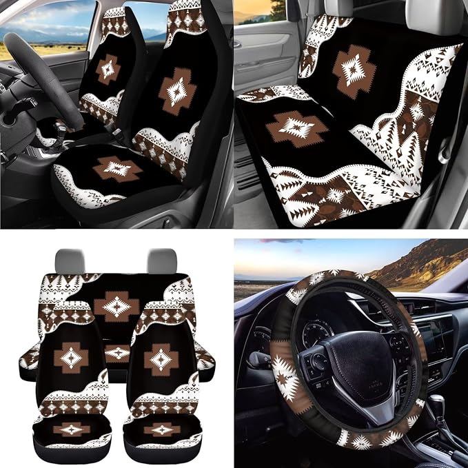 Dreaweet Navajo Seat Covers for Cars Full Set with Steering Wheel Cover Seatbelt Covers Car Coasters Trash Bag Air Vent Storage Bag Rearview Mirror Cover Keychain,Universal Car Accessories 15 Pcs