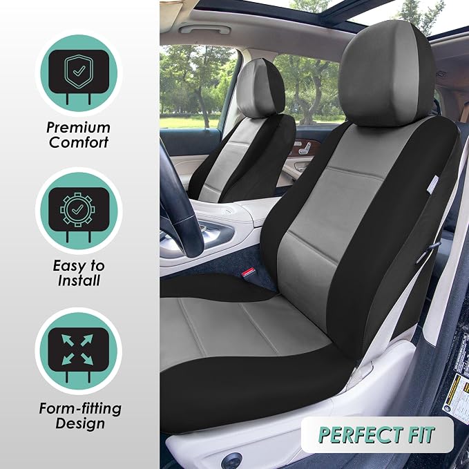 FH Group Car Seat Cover Airbag Compatible Full Set Gray Black Premium PU Leather - Split Bench Combo Vinyl Floor Mats Seat Covers Interior Accessories Universal Fit for Cars Trucks SUV