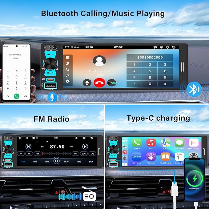 LSLYA Single Din Car Radio, Touchscreen Car Stereo for Wireless and Wired Apple Carplay,Android Auto, Radio para Carro with Mirror Link, Car Radio with Backup Camera GPS USB&Type-C FM/AM SWC EQ MIC