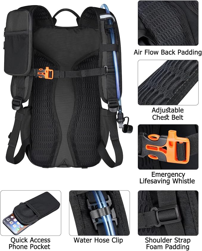 NOOLA Hydration Backpack with 3L Water Bladder - 25L Water Backpack for Hiking, Cycling, Running, Biking - Lightweight Hiking Pack Bag with Rain Cover, Phone Holder and Trekking Pole Holders, Black