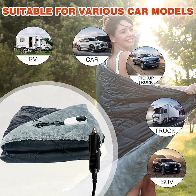 12V Electric Car Plug Heated Blanket - 70.8"x57" Heating Blanket for Car, Outdoor Plush Blanket,Camping Blanket, Overheat Protection 9 Heating Levels and 2,8,12 Hours Auto Off