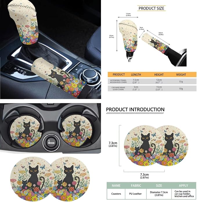 Cat Daisy Print 18Pcs Car Seat Cover Full Set Includes Auto Seat Covers Headrest Covers Steering Wheel Cover Safety Belt Pad Center Console Pad, Car Interior Accessories Set