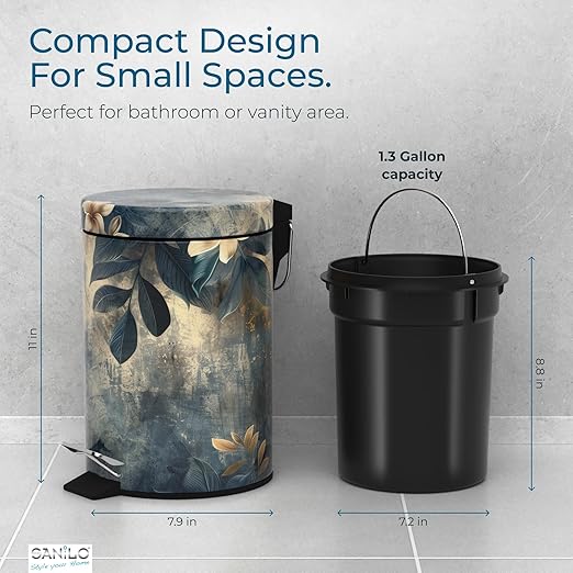 Sanilo Small Bathroom Trash Can with Lid [1.3 Gallon] - Lidded Tiny Trashcan for Garbage - Mini Metal Bin with Soft Closing Mechanism - Bath Room Accessoire Wastebin with Inner Bucket (Lilybud)