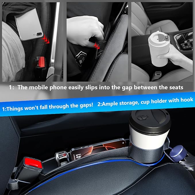 Seat Gap Filler Compatible with Kia Sportage.Deeper Than Standard Retail Models(7.5cm)|Added Cup Holder (2 Fixed Points) + Hooks + Charging Cable Port |2pcs Black| Free Window Break Hammer 1pcs|