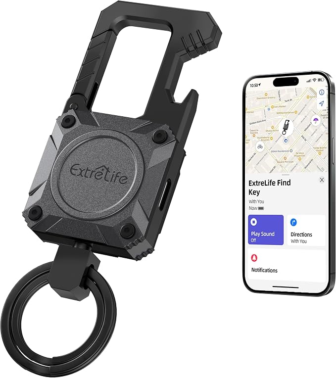 ExtreLife Keychain, Works with Apple Find My, Bottle Opener, Carabiner Car Key Chains with Gps Tracker