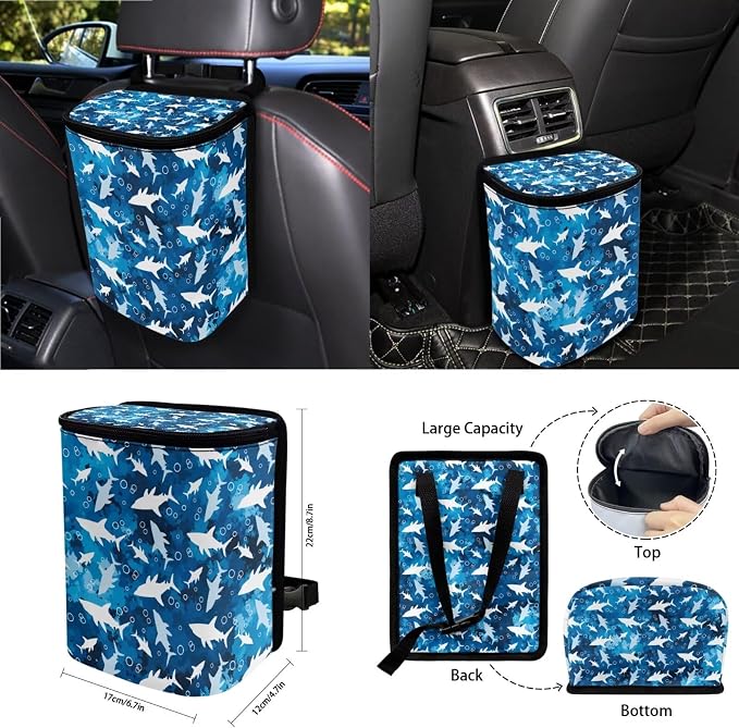 Shark Print Car Seat Cover Cute Full Set 15Pcs Car Accessories Universal Steering Wheel Cover Safety Belt Pads Rear View Mirror Protector Garbage Bag for Truck Sedan SUV Van
