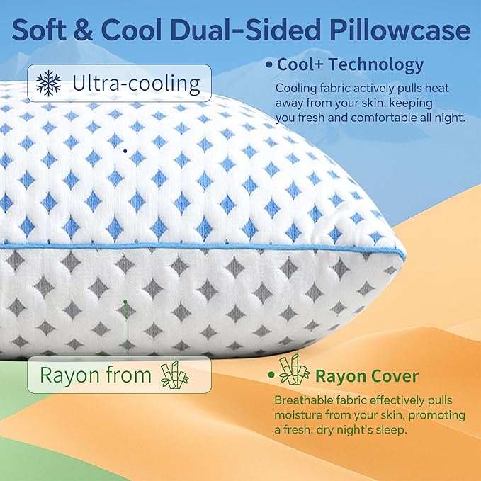 Memory Foam Pillows 2 Pack – Adjustable Loft Cooling Pillows Standard Size Set of 2 for Sleeping, Firm, Supportive, and Breathable Design for Hot, Side, Back, and Stomach Sleepers