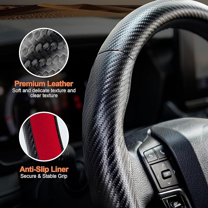 West Llama 3 Piece Carbon Fiber Steering Wheel Cover, 14.5-15 Inch 3 Pc Auto Car Steering Wheel Cover Universal Fit for 99% Cars, SUVs, Trucks (Matte Black)