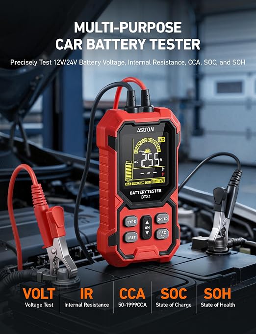 AstroAI Car Battery Tester 12V/24V — 100-2000 CCA, Alternator & Charging System Analyzer, Compatible with FLA/AGM/Gel/EFB, for Cars, Trucks, RVs & Marine Vehicles