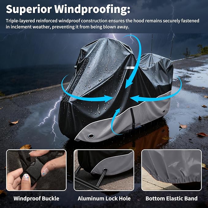 Motorcycle Cover, 110 Inch with Side+Top Box Touring Models Specific Vehicle Cover Storage Suitable for Harley-Davidson Ultra Limited, Road Glide Limited, Gold Wing, Road Master Grey