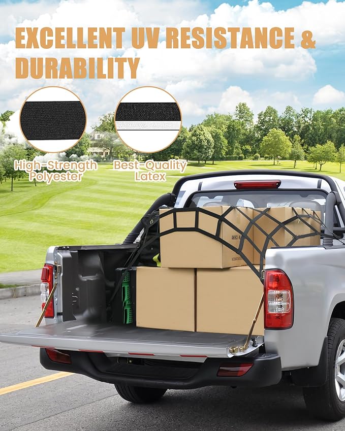 The First Flat Bungee Cargo Net for Pickup Truck Bed, 4' x 6' Stretches to 10' x 15', 25 MM Heavy Duty Cargo Net with 2 Using Modes, for Dodge RAM, Ford, Chevy, Toyota, etc