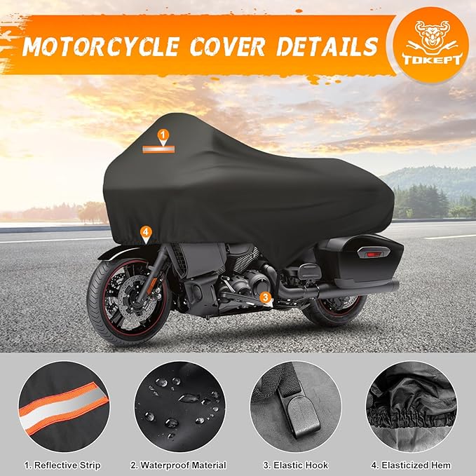 Motorcycle Half Cover with Elastic Hook and Reflective Strip Waterproof Dustproof Sunproof All-Weather Protection Suitable for Touring Models Road King Street Glide Road Glide and More(Black)