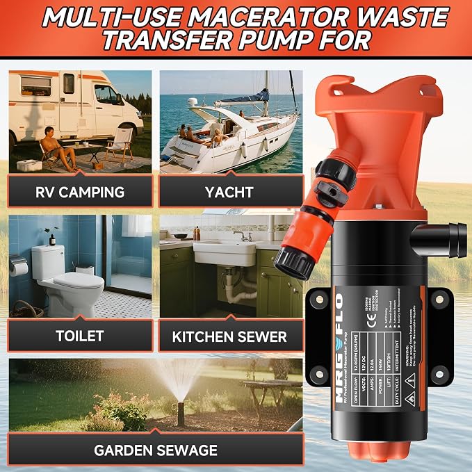 RV Macerator Pump 12V,Portable Macerator Waste Pump,12GPM Suction 3.2 feet Lift 10 feet with Garden Hose Discharge Port,Quick Release Sewage Pump with Fresh Water Rinse and Manual Crushing Function.