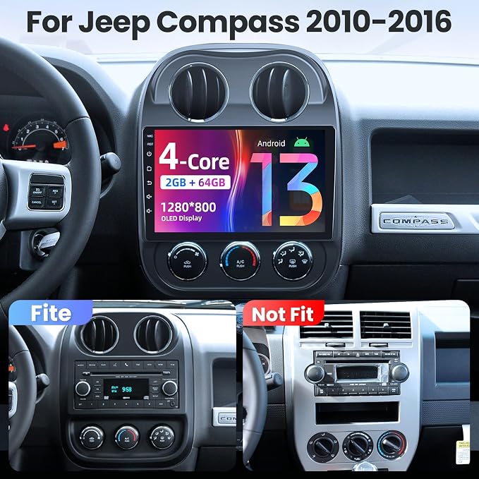 Car Radio Stereo for Jeep Compass Patriot 2010-2016, Android 13, [4Core+64GB] 10 inch Touch Screen Upgrade, CarPlay/Android Auto/SWC/Bluetooth/5GWiFi/GPS/FM/Backup Camera