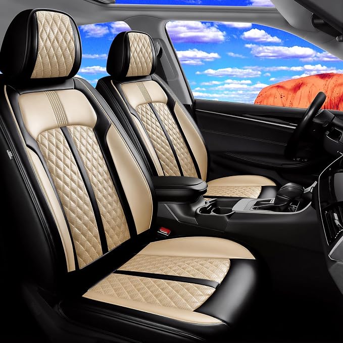 Fit CTS Car Seat Covers for Select Cadillac CTS 2003-2019, Premium Full Coverage Leather, Airbag Compatible & Scratch-Resistant, Waterproof & All Weather Seat Protector, Front Pair Black+Beige