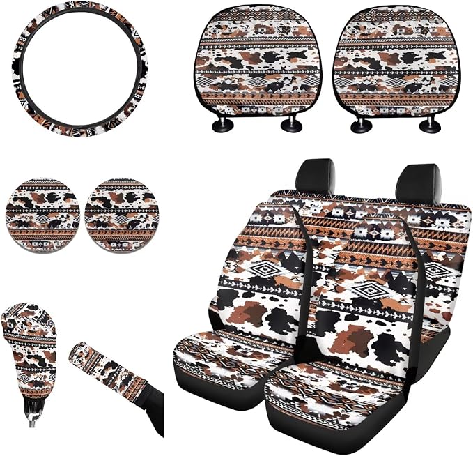 Wanyint Car Seat Cover Full Set 11 Pack, with Steering Wheel Gear Shift Knob Handbrake Headrest Protector Coasters Auto Accessories Decor Universal Fit, Aztec Cow Print Black Brown