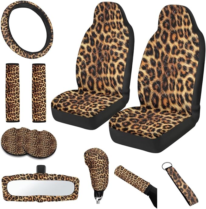 Brown Leopard Print 11 Pack Car Seat Covers Full Set Car Front Seat Cover Auto Seat Belt Cover Rear View Mirror Cover Steering Wheel Cover for Car SUV Seat Protector